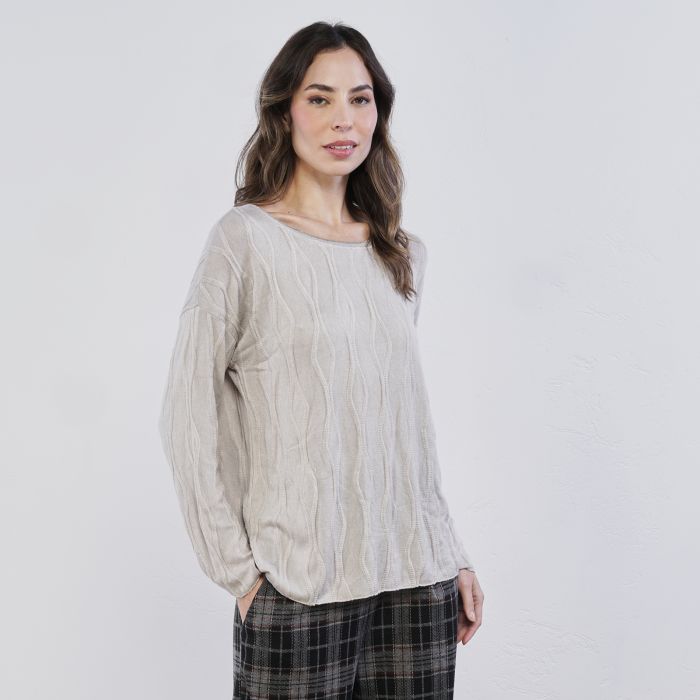 Maglia lavorata beige da donna con dettaglio scollo glitter