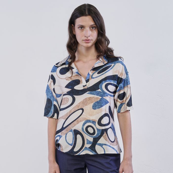 Blusa beige e blu Alesya da donna in fantasia geometrica