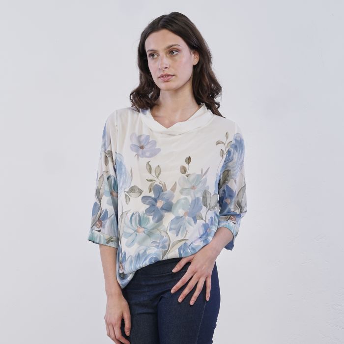 Blusa bianca e azzurra da donna Alesya in stampa floreale