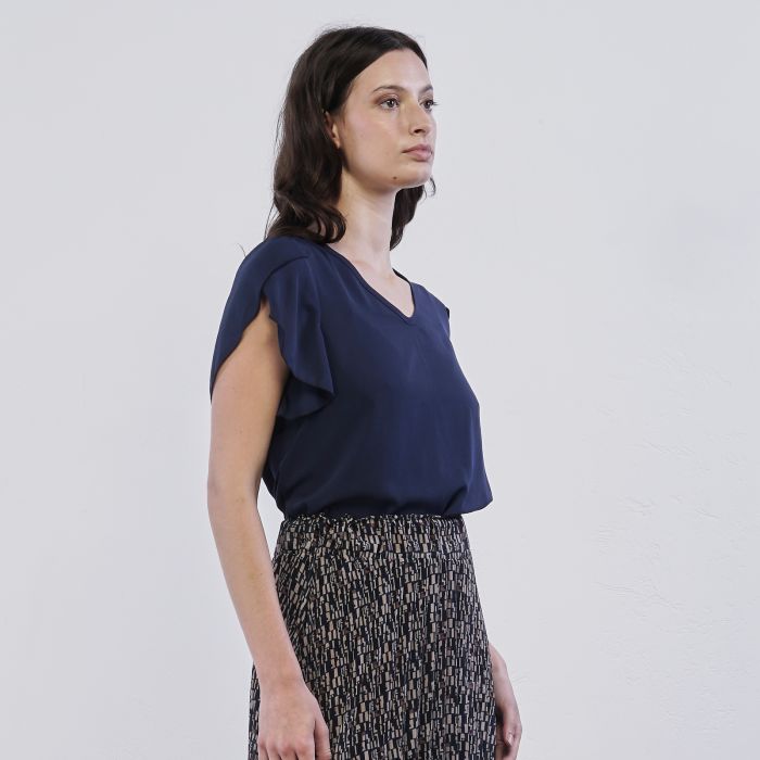 Blusa blu Alesya da donna con maniche volant asimmetriche