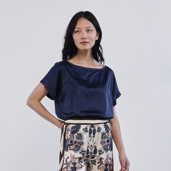 Blusa blu Alesya da donna in tessuto lucido