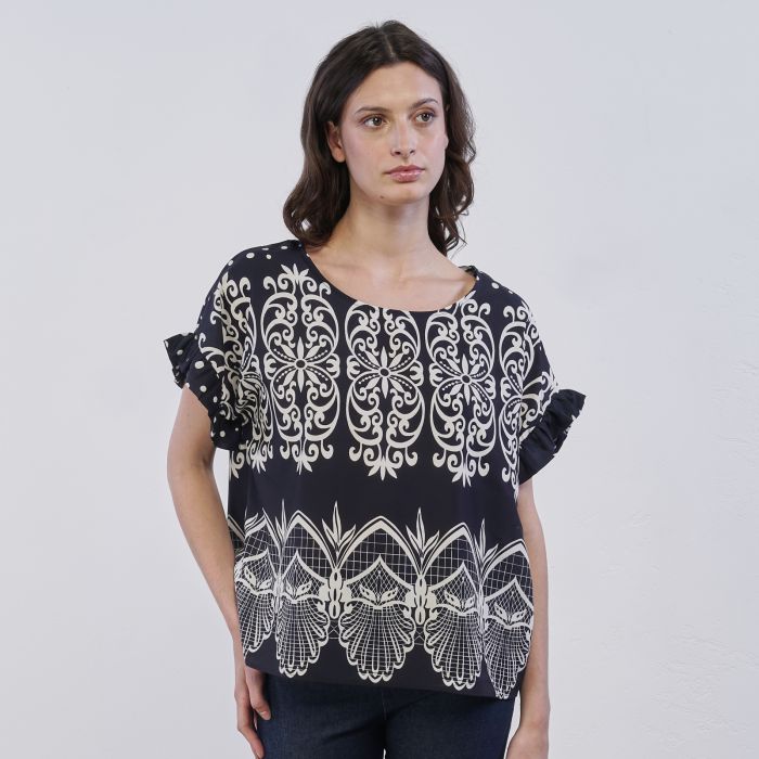 Blusa nera e bianca Alesya da donna in fantasia geometrica