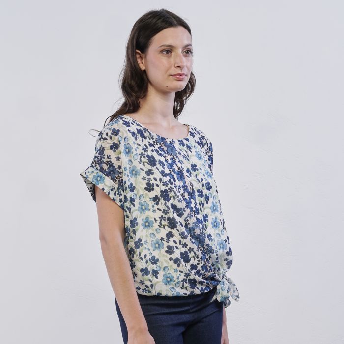Top maniche corte bianco e azzurro da donna Alesya a fiori