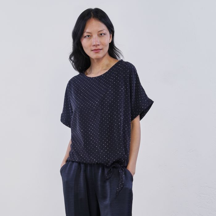 Top maniche corte blu da donna Alesya con strass