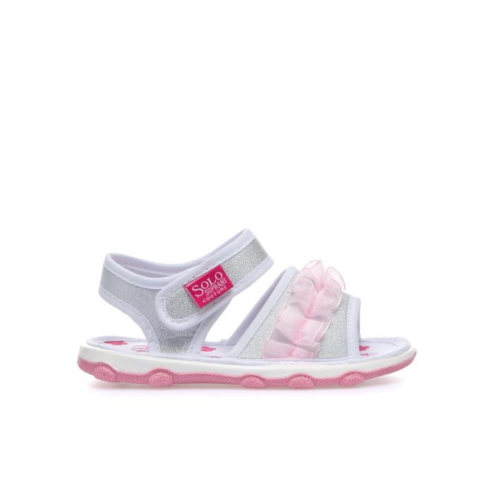 Sandali bimba grigi in tessuto con velcro e voile