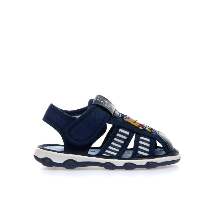 Sandali bimbo blu in tessuto con gabbia e velcro