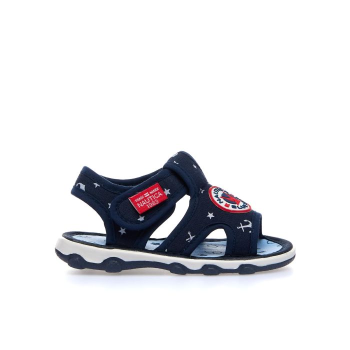 Sandali bimbo blu in tessuto con disegni e velcro