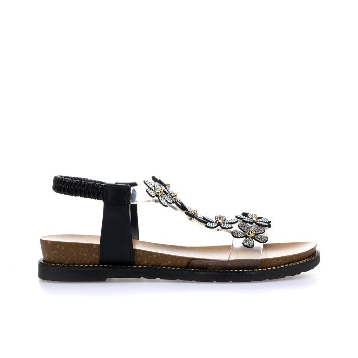 Sandali bassi neri con fiori con strass