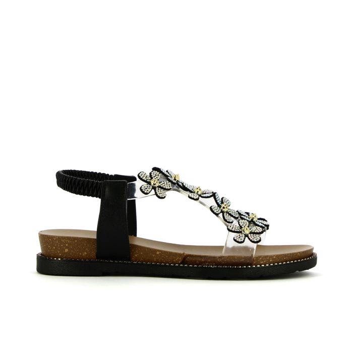 Sandali bassi neri con fondo effetto sughero e fiori con strass