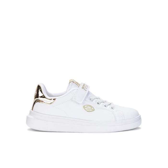 Sneakers bianche da bambina con dettagli laminati oro