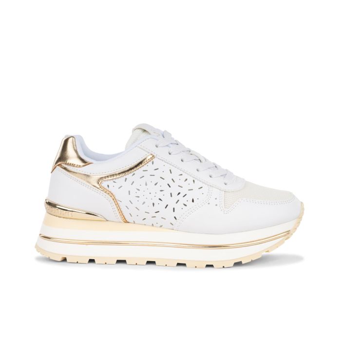 Sneakers bianche laserate da donna con suola platform