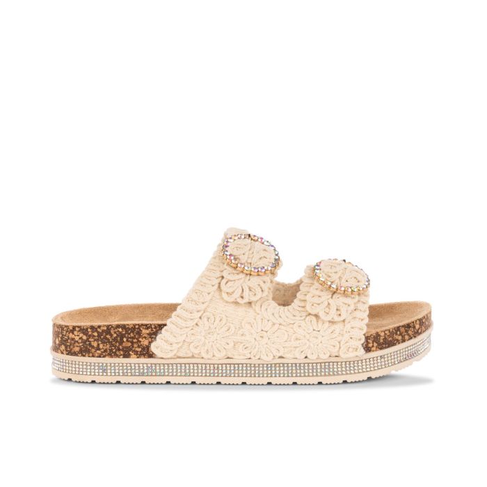 Sandali con platform beige ricamati con fondo effetto sughero da donna