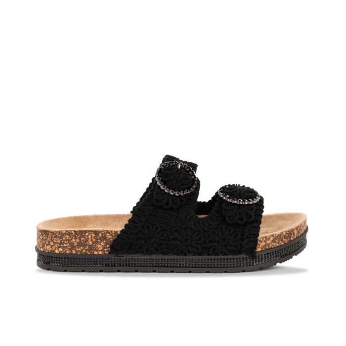 Sandali con platform neri ricamati con fondo effetto sughero da donna