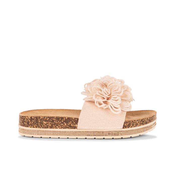 Sandali bassi beige con fondo effetto sughero e fiore da donna