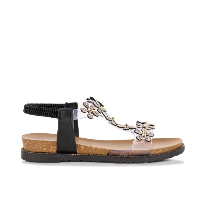 Sandali bassi neri con fascia trasparente con fiori da donna