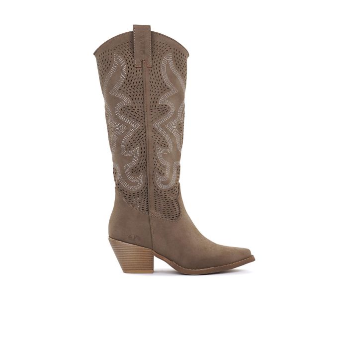 Stivali texani beige traforati da donna con tacco e ricami