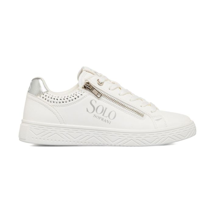 Sneakers bianche da donna con logo laterale, lacci e zip
