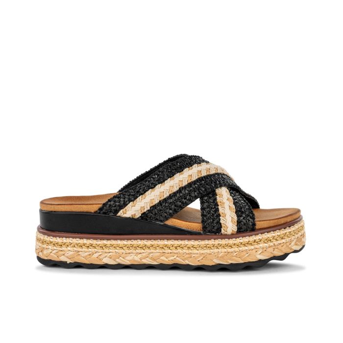 Sandali neri con suola platform e dettagli effetto rafia
