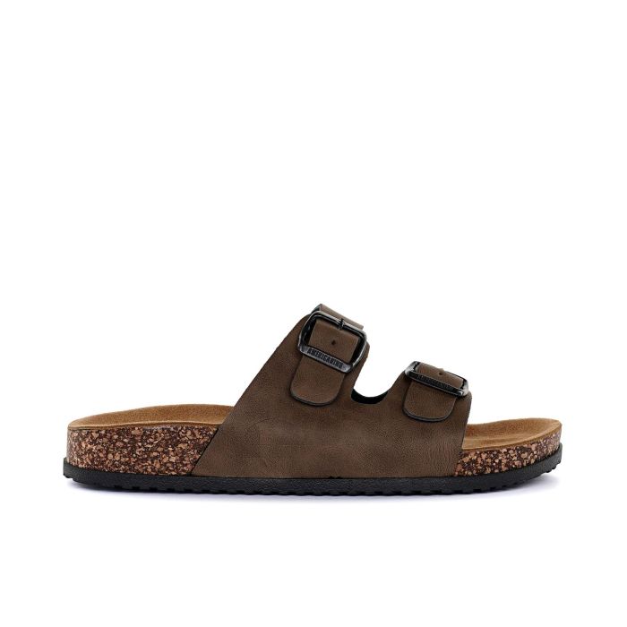 Sandali marroni da donna con doppia fibbia e fondo effetto sughero