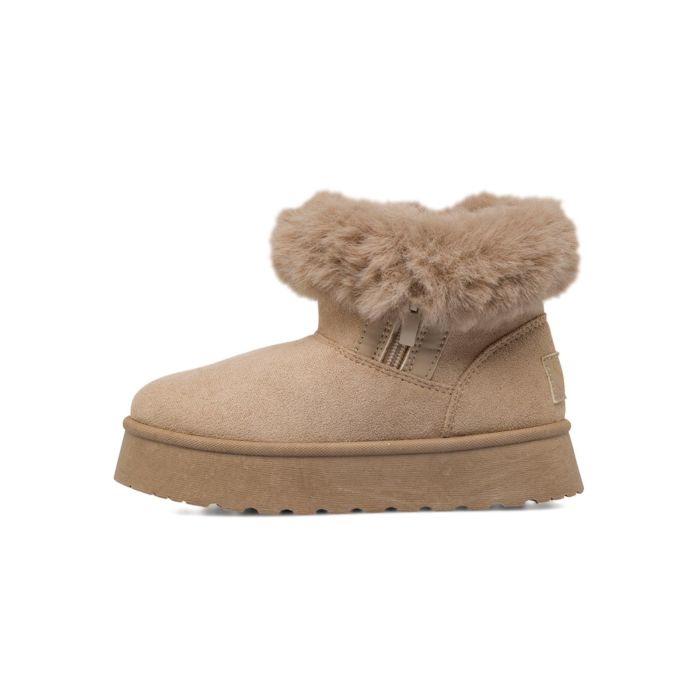 Stivaletti beige da bambina con dettaglio in peluche e suola platform