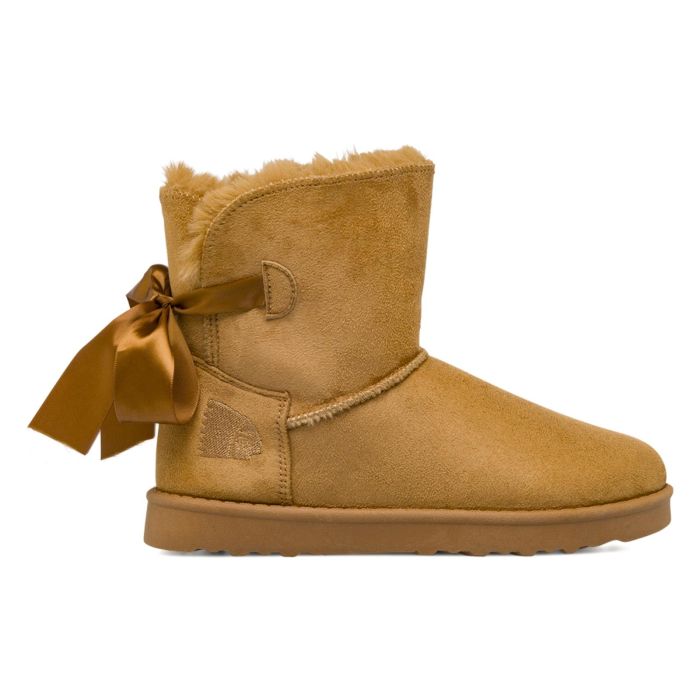 Stivaletti marroni bassi da donna con fiocco e interno in eco-pelliccia