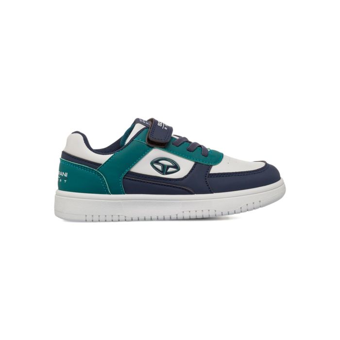 Sneakers blu e bianche da bambino con strappo e logo laterale