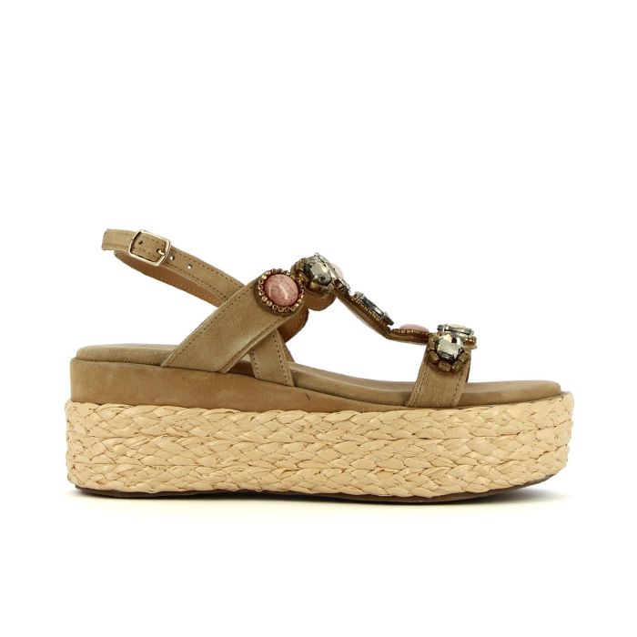 Sandali marroni in pelle con zeppa e pietre gioiello