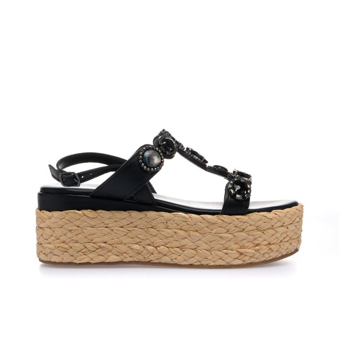 Sandali neri in pelle con maxi zeppa