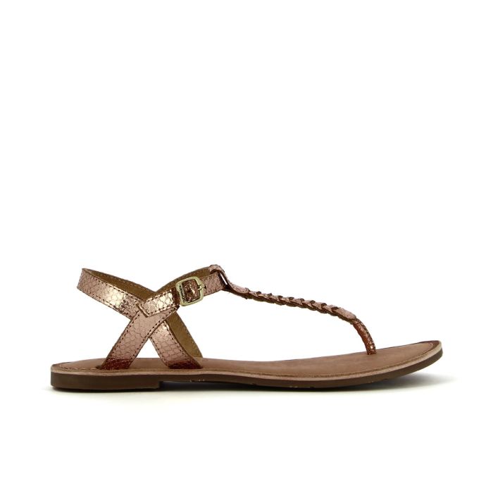 Sandali bassi rosa in pelle con infradito effetto laminato