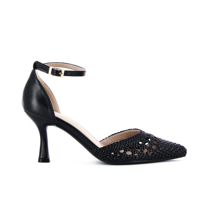 Decolletè nere a punta con lavorazione intrecciata cinturino e tacco medio a rocchetto