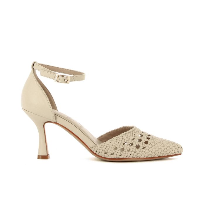 Decolletè beige a punta con lavorazione intrecciata cinturino e tacco medio a rocchetto