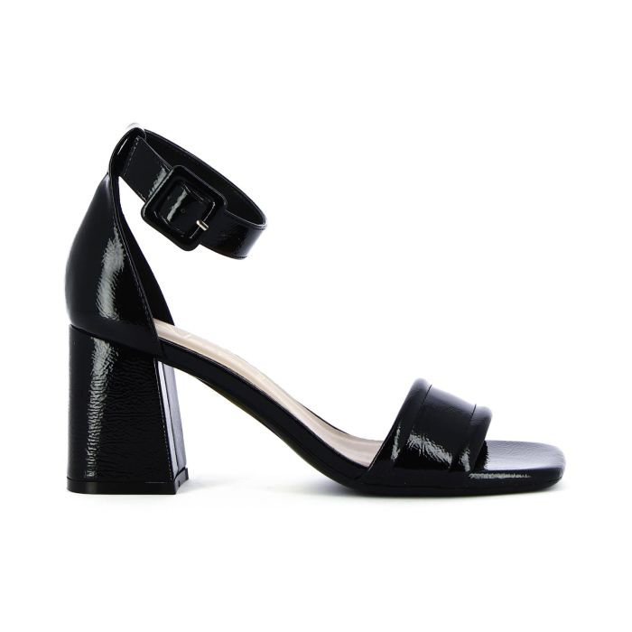 Sandali neri lucidi con cuciture e tacco medio largo