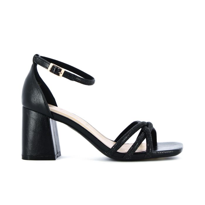 Sandali neri intrecciati con strass e tacco medio largo