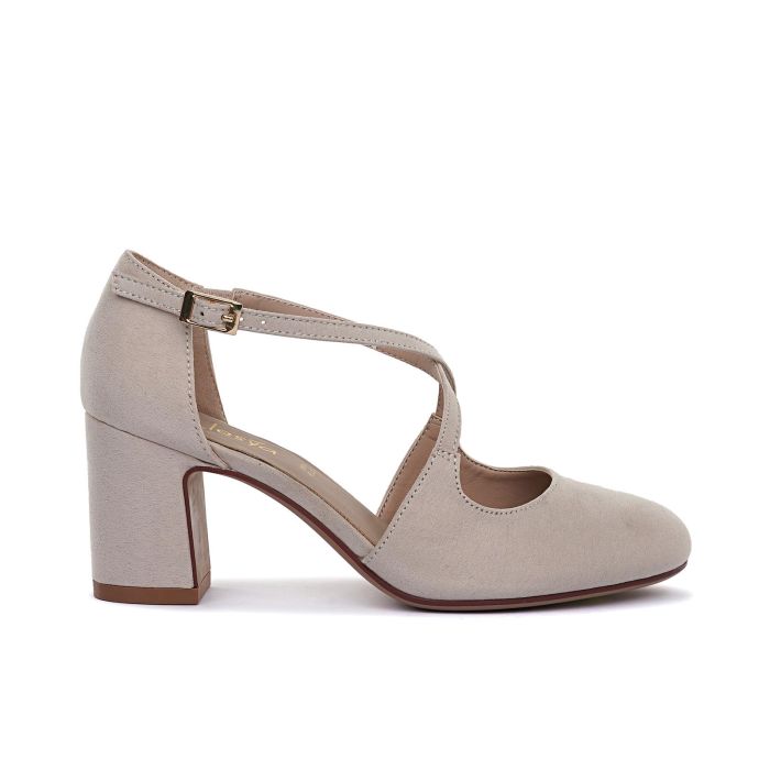 Decolletè a punta arrotondata beige con tacco medio largo e cinturini incrociati