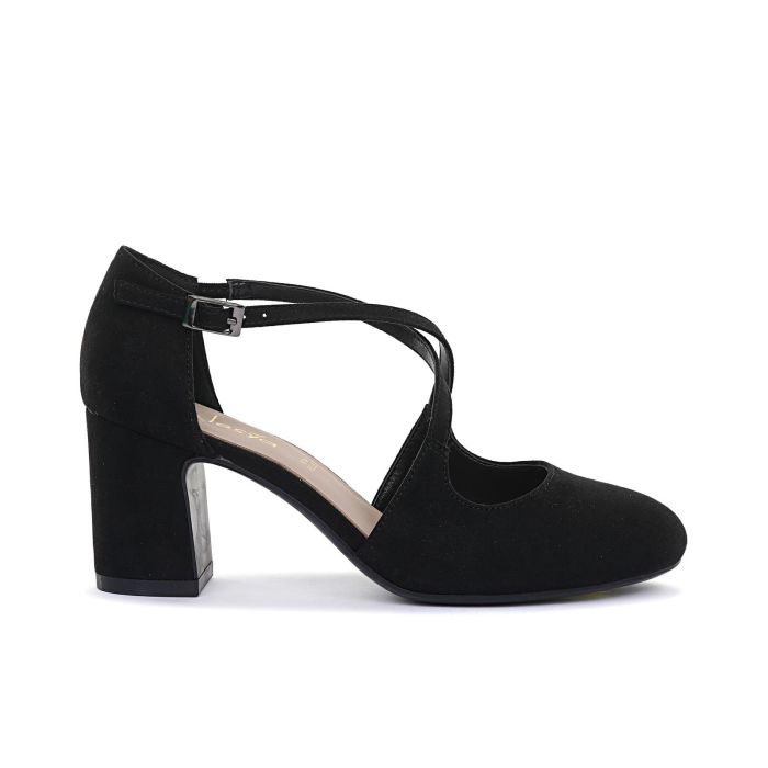 Decolletè a punta arrotondata nere con tacco medio largo e cinturini incrociati