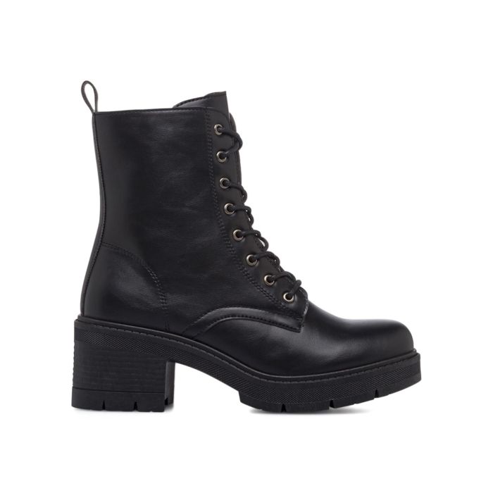 Anfibi neri da donna con tacco largo in gomma e lacci