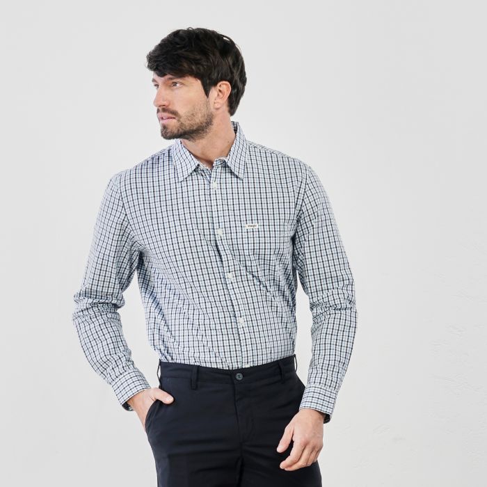 Camicia azzurra in cotone con fantasia check
