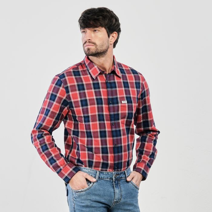 Camicia rossa e blu fantasia check in cotone