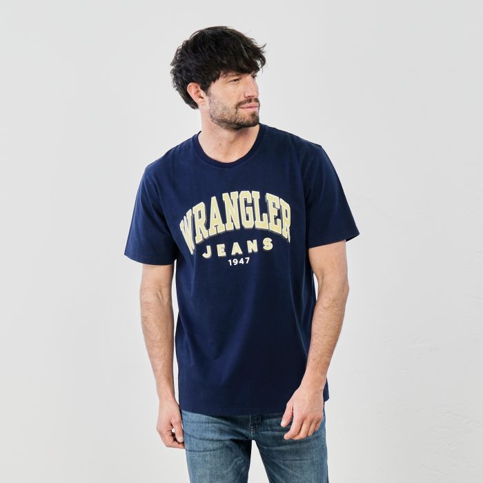 T-shirt blu in cotone con maxi logo stampato e maniche corte