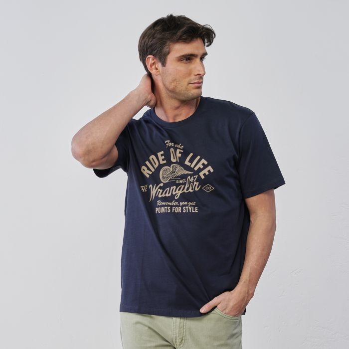 T-shirt blu da uomo maniche corte in cotone con stampa