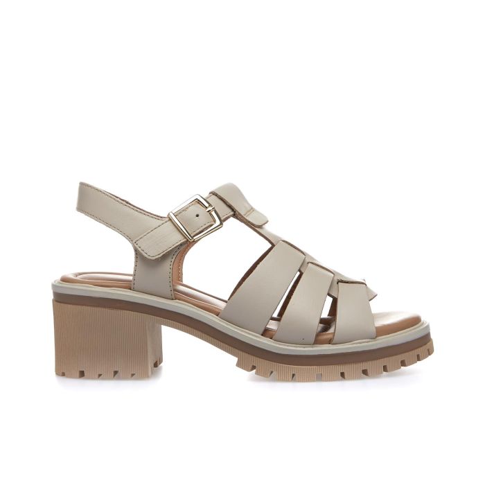 Sandali beige in pelle con gabbia e tacco