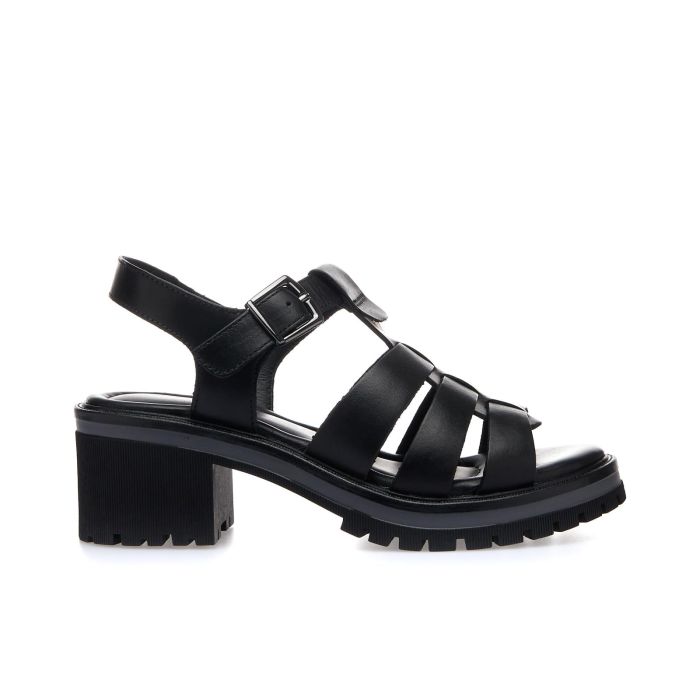 Sandali neri in pelle con tacco largo basso