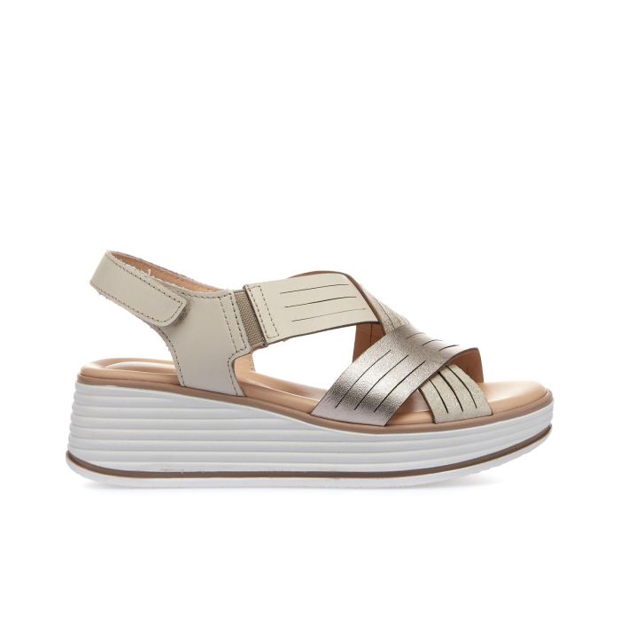 Sandali oro e beige in pelle con zeppa e velcro