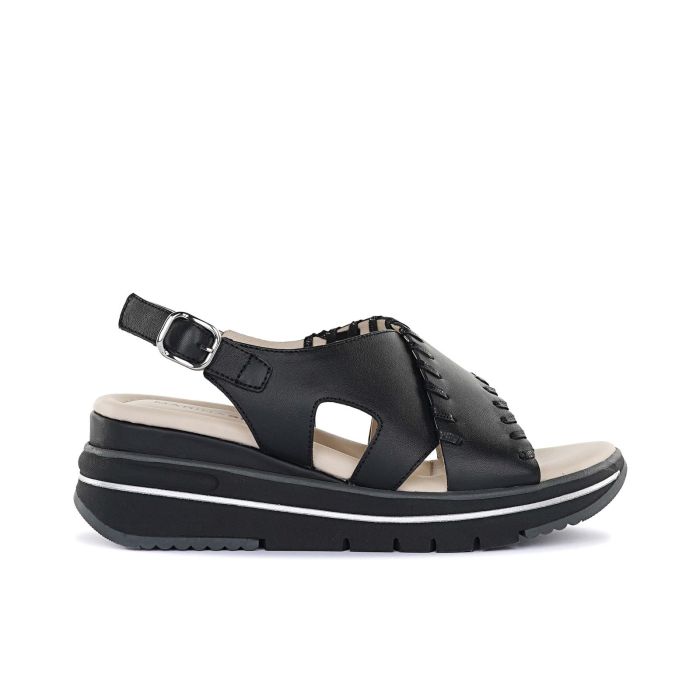 Sandali neri da donna in pelle con zeppe e fasce incrociate