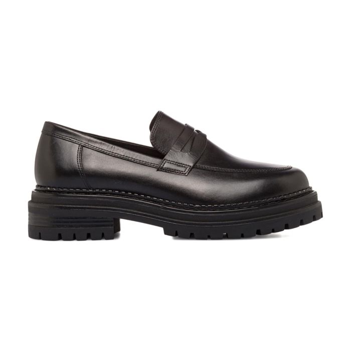 Mocassini casual neri da donna in pelle con fessura a bocca di leone