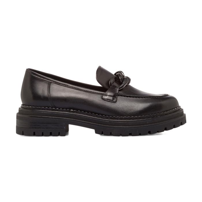 Mocassini casual neri in pelle con dettaglio catena