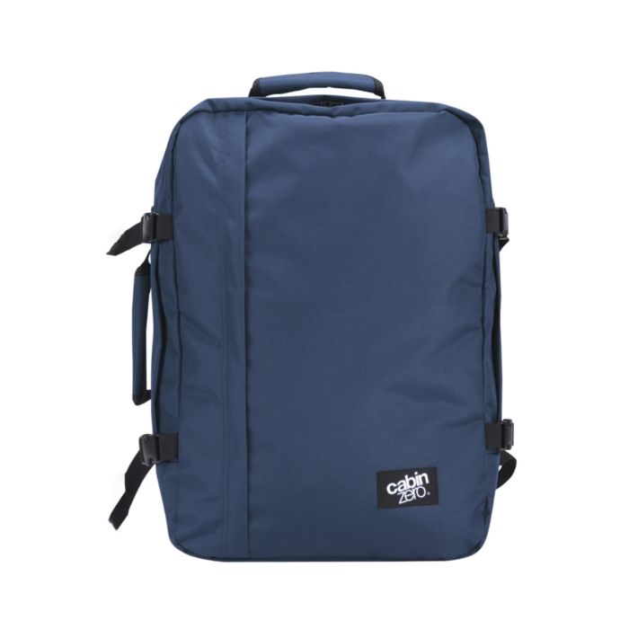 Zaino blu da viaggio 44L con zip e cinghie di compressione