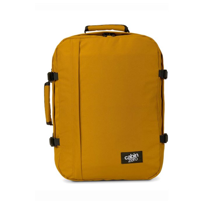 Zaino arancione da viaggio 44L con zip e cinghie di compressione