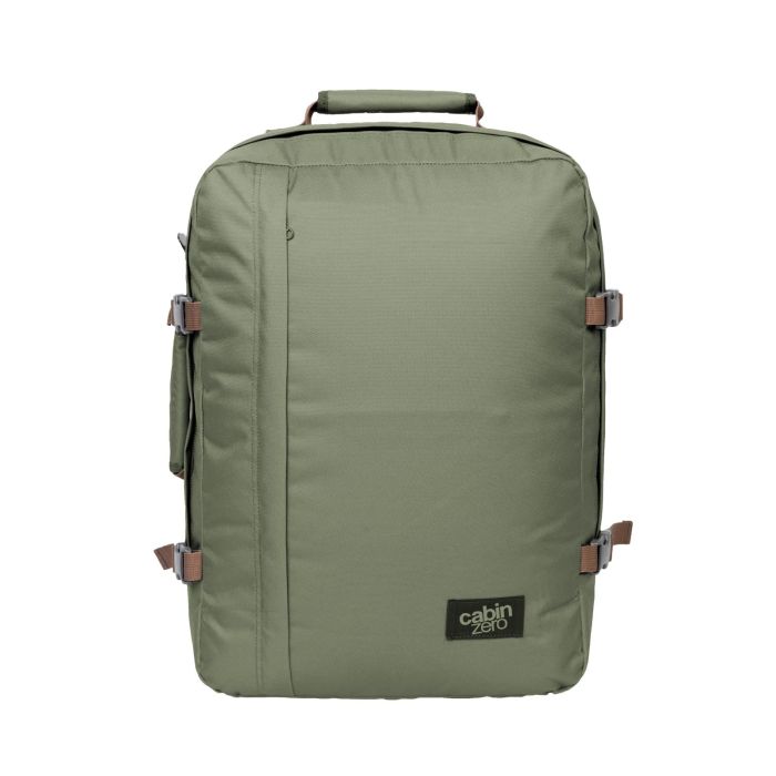 Zaino verde da viaggio 44L con zip e cinghie di compressione