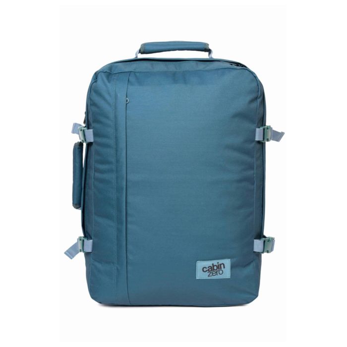 Zaino azzurro da viaggio 44L con zip e cinghie di compressione
